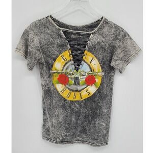 Retro 90s Guns N Roses Lace Up Women Acid Wash Tee Shirt XS Grunge Streetwear